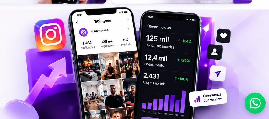 Composição visual de celulares com Instagram, painel de métricas e gráfico de desempenho